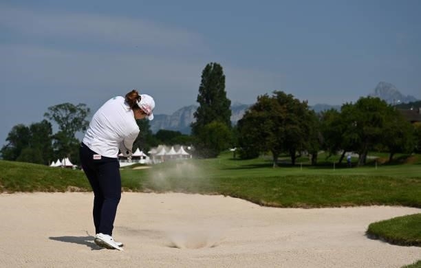 Ariya Jutanugarn of Thailand plays their second shot on the 15th hole during day two of the The Amundi Evian Championship at Evian Resort Golf Club...