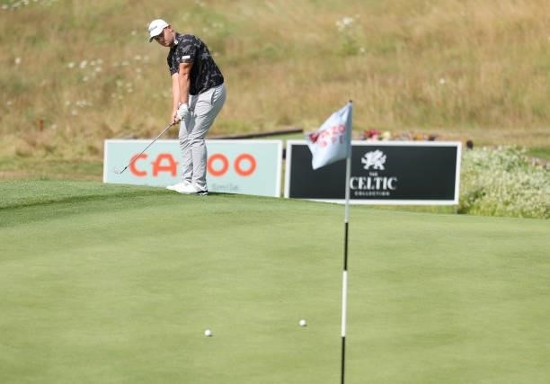Daniel Van Tonder of South Africa chips onto the 18th green during Day Two of the Cazoo Open supported by Gareth Bale at Celtic Manor Resort on July...