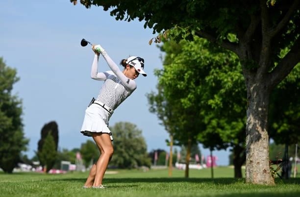 Lydia Ko of New Zealand tees off on the 7th hole during day two of the The Amundi Evian Championship at Evian Resort Golf Club on July 23, 2021 in...
