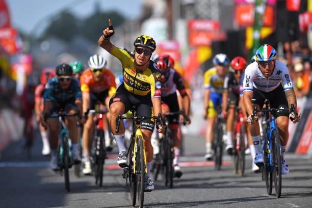 Dylan Groenewegen of Netherlands and Team Jumbo - Visma celebrates at arrival ahead of Giacomo Nizzolo of Italy and Team Qhubeka Nexthash during the...