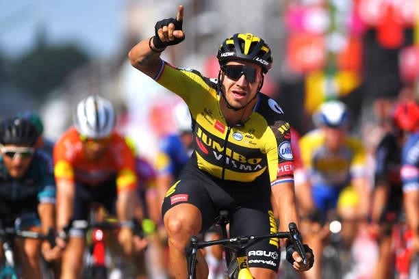 Dylan Groenewegen of Netherlands and Team Jumbo - Visma celebrates at arrival during the 42nd Tour de Wallonie 2021, Stage 4 206km stage from...