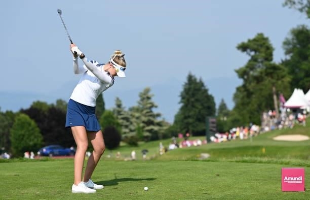 Nelly Korda of The United States tees off on the 16th hole during day two of the The Amundi Evian Championship at Evian Resort Golf Club on July 23,...