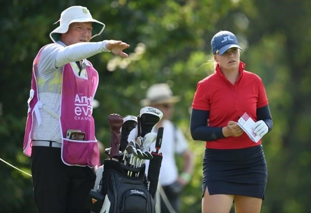 Matilda Castren of Finland talks to her caddie on the 15th hole during day two of the The Amundi Evian Championship at Evian Resort Golf Club on July...