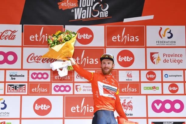 Quinn Simmons of United States and Team Trek - Segafredo Orange Leader Jersey celebrates at podium during the 42nd Tour de Wallonie 2021, Stage 4...