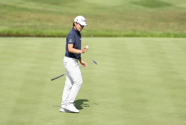 Masahiro Kawamura of Japan putts on the 18th green during Day Two of the Cazoo Open supported by Gareth Bale at Celtic Manor Resort on July 23, 2021...