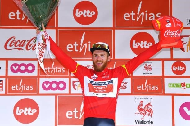 Quinn Simmons of United States and Team Trek - Segafredo Red Best Young Rider Jersey celebrates at podium during the 42nd Tour de Wallonie 2021,...