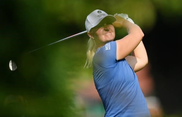 Anna Nordqvist of Sweden plays their second shot on the 18th hole during day two of the The Amundi Evian Championship at Evian Resort Golf Club on...