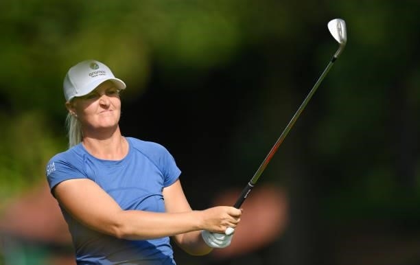 Anna Nordqvist of Sweden plays their second shot on the 18th hole during day two of the The Amundi Evian Championship at Evian Resort Golf Club on...
