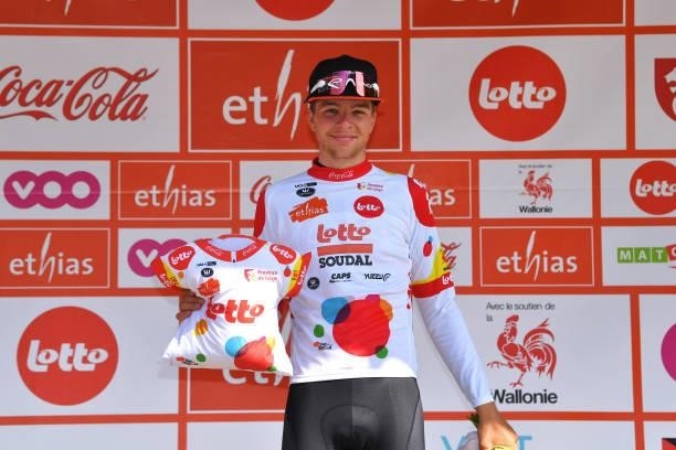 Florian Vermeersch of Belgium and Team Lotto Soudal Polka Dot Mountain Jersey celebrates at podium during the 42nd Tour de Wallonie 2021, Stage 4...
