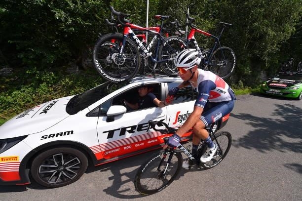 Alex Kirsch of Luxembourg and Team Trek - Segafredo picks bottles from Team car during the 42nd Tour de Wallonie 2021, Stage 4 206km stage from...