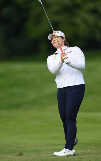Ariya Jutanugarn of Thailand plays their second shot on the 18th hole during day two of the The Amundi Evian Championship at Evian Resort Golf Club...