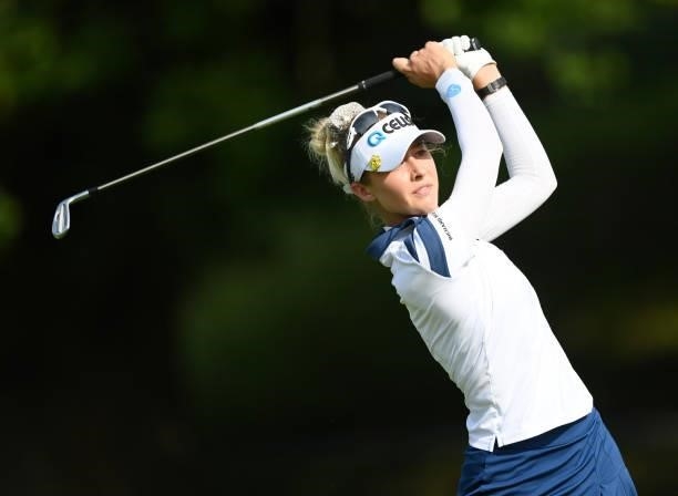 Nelly Korda of The United States plays their second shot on the 18th hole during day two of the The Amundi Evian Championship at Evian Resort Golf...