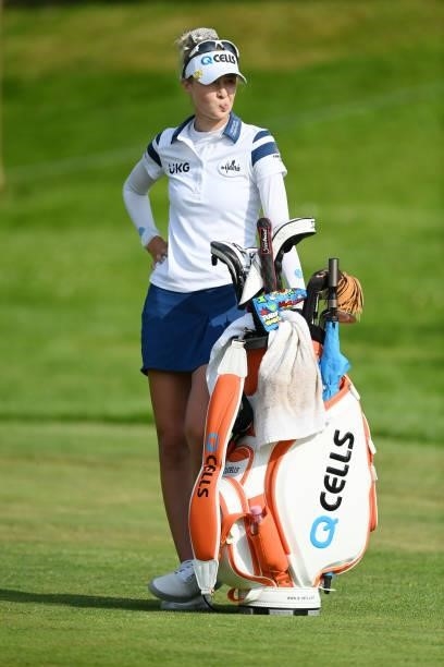 Nelly Korda of The United States waits on the 18th hole during day two of the The Amundi Evian Championship at Evian Resort Golf Club on July 23,...