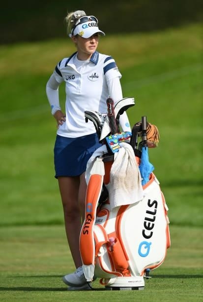 Nelly Korda of The United States waits on the 18th hole during day two of the The Amundi Evian Championship at Evian Resort Golf Club on July 23,...