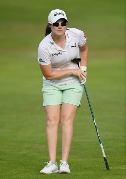 Leona Maguire of Ireland lines up a shot on the 18th hole during day two of the The Amundi Evian Championship at Evian Resort Golf Club on July 23,...