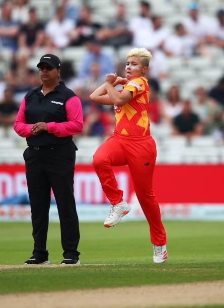 Issy Wong of Birmingham Phoenix bowls during The Hundred game between Birmingham Phoenix and London Spirit at Edgbaston on July 23, 2021 in...