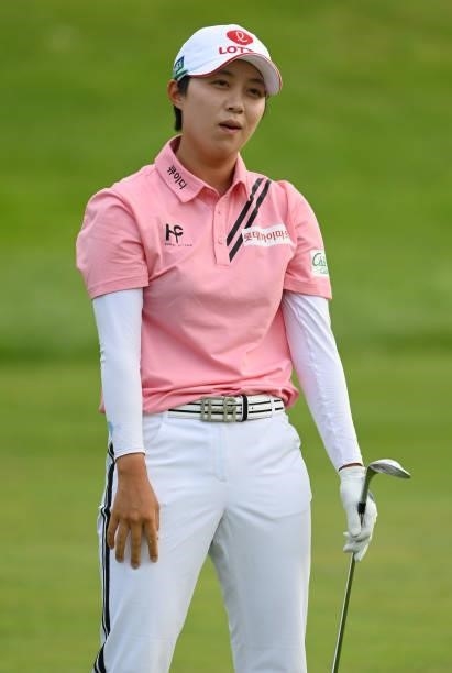 Hyo Joo Kim of South Korea reacts after their second shot on the 18th hole during day two of The Amundi Evian Championship at Evian Resort Golf Club...
