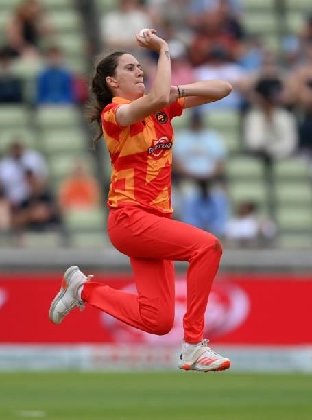 Emily Arlott of Birmingham Phoenix bowls during The Hundred match between Birmingham Phoenix and London Spirit at Edgbaston on July 23, 2021 in...
