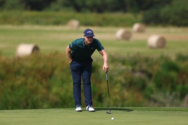 Oliver Fisher of England in action on the ninth hole during Day Two of the Cazoo Open supported by Gareth Bale at Celtic Manor Resort on July 23,...