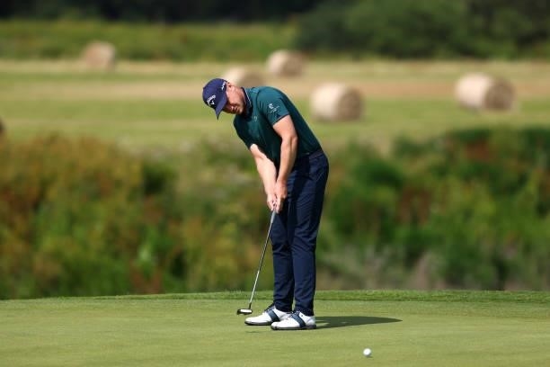 Oliver Fisher of England in action on the ninth hole during Day Two of the Cazoo Open supported by Gareth Bale at Celtic Manor Resort on July 23,...