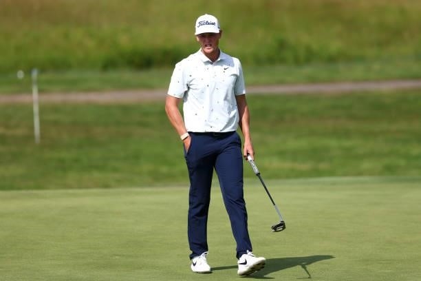 Vincent Norrman of Sweden lines up his putt on the 10th hole during Day Two of the Cazoo Open supported by Gareth Bale at Celtic Manor Resort on July...