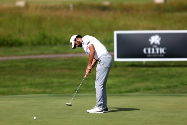 Clement Sordet of France putts on the 10th hole during Day Two of the Cazoo Open supported by Gareth Bale at Celtic Manor Resort on July 23, 2021 in...