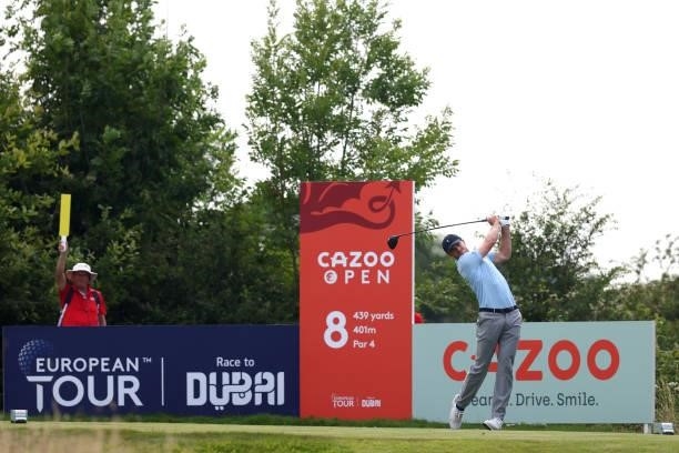 Laurie Canter of England tees off on the eighth during Day Two of the Cazoo Open supported by Gareth Bale at Celtic Manor Resort on July 23, 2021 in...