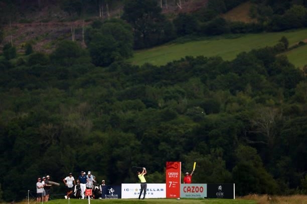 Ross Fisher of England tees off on the seventh hole during Day Two of the Cazoo Open supported by Gareth Bale at Celtic Manor Resort on July 23, 2021...