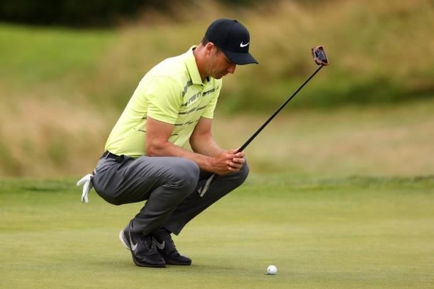 Ross Fisher of England lines up his putt on the seventh hole during Day Two of the Cazoo Open supported by Gareth Bale at Celtic Manor Resort on July...