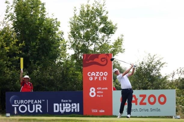 Justin Harding of South Africa tees off on the eighth hole during Day Two of the Cazoo Open supported by Gareth Bale at Celtic Manor Resort on July...