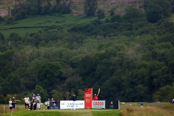 John Catlin of USA tees off on the seventh hole during Day Two of the Cazoo Open supported by Gareth Bale at Celtic Manor Resort on July 23, 2021 in...