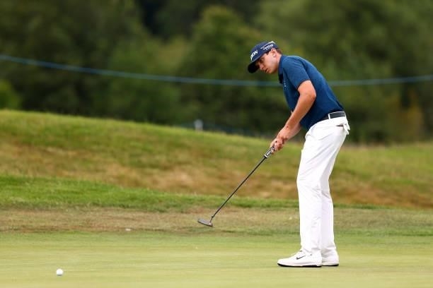 John Catlin of USA putts on the seventh hole during Day Two of the Cazoo Open supported by Gareth Bale at Celtic Manor Resort on July 23, 2021 in...