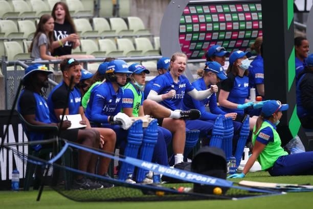 London Spirit players celebrate from the bench after victory during The Hundred game between Birmingham Phoenix and London Spirit at Edgbaston on...