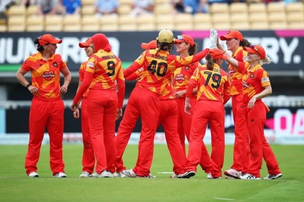 Katie Mack of Birmingham Phoenix celebrates with her teammates after catching out Deepti Sharma of London Spirit during The Hundred game between...