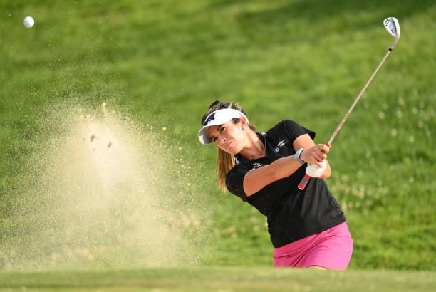 Gerina Piller of The United States plays a shot from a bunker on the 18th hole during day two of The Amundi Evian Championship at Evian Resort Golf...