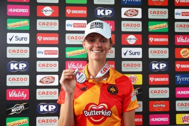 Evelyn Jones of Birmingham Phoenix poses for a picture with her Match Hero medal after The Hundred game between Birmingham Phoenix and London Spirit...