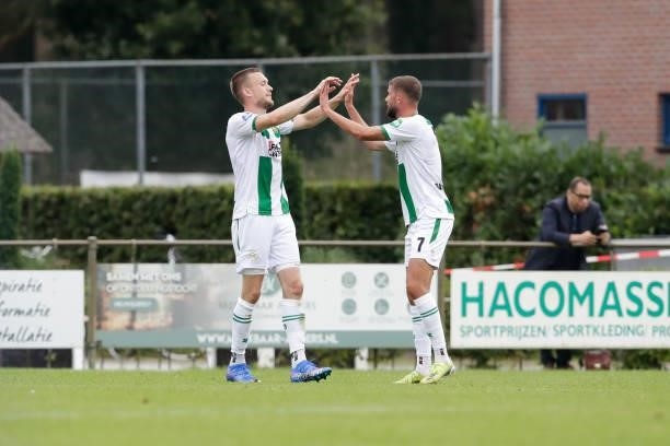 Ramon Pascal Lundqvist of FC Groningen, Jorgen Strand Larsen of FC Groningen celebrate second FC Groningen goal of the afternoon during the Club...