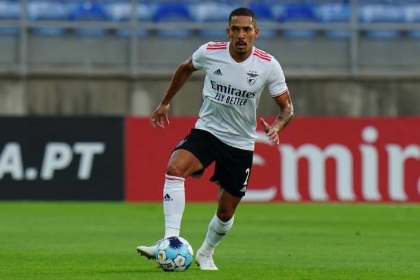 Gilberto of SL Benfica runs with the ball during the Pre-Season Friendly match between SL Benfica and Lille at Estadio Algarve on July 22, 2021 in...