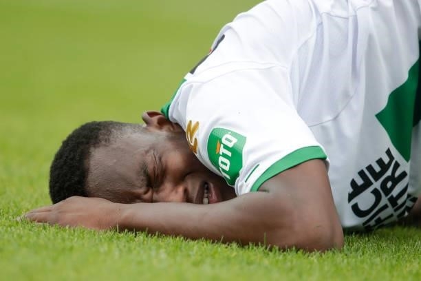Cyril Ngonge of FC Groningen reacts after being fouled during the Club Friendly match between SC Heerenveen and FC Groningen at Rolder Boys on July...