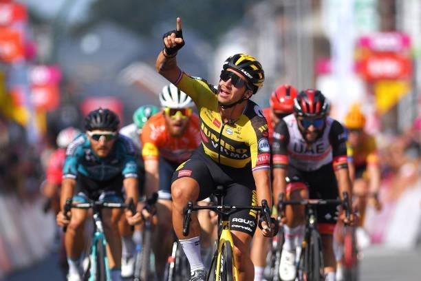 Dylan Groenewegen of Netherlands and Team Jumbo - Visma celebrates at arrival during the 42nd Tour de Wallonie 2021, Stage 4 206km stage from...