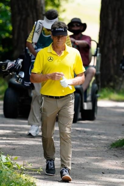 Bernhard Langer of Germany in action during the second round of the Senior Open presented by Rolex at Sunningdale Golf Club on July 23, 2021 in...