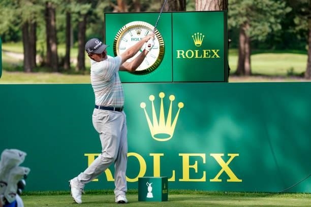 Jerry Kelly of United States in action during the second round of the Senior Open presented by Rolex at Sunningdale Golf Club on July 23, 2021 in...