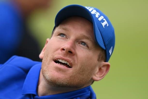 Eoin Morgan of London Spirit looks on before The Hundred match between Birmingham Pheonix and London Spirit at Edgbaston on July 23, 2021 in...