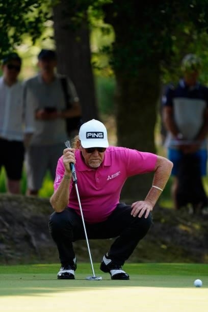 Miguel Angel Jimenez of Spain in action during the second round of the Senior Open presented by Rolex at Sunningdale Golf Club on July 23, 2021 in...