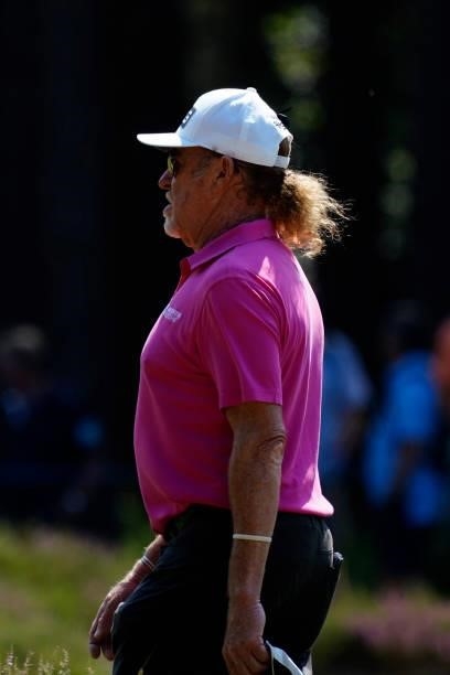Miguel Angel Jimenez of Spain in action during the second round of the Senior Open presented by Rolex at Sunningdale Golf Club on July 23, 2021 in...
