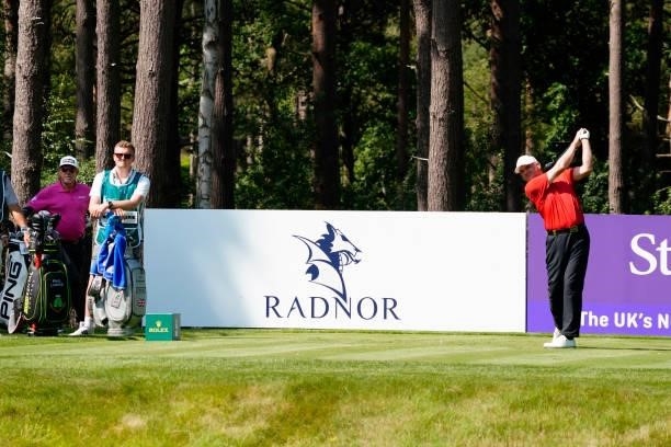 Paul Lawrie of Scotland in action during the second round of the Senior Open presented by Rolex at Sunningdale Golf Club on July 23, 2021 in...