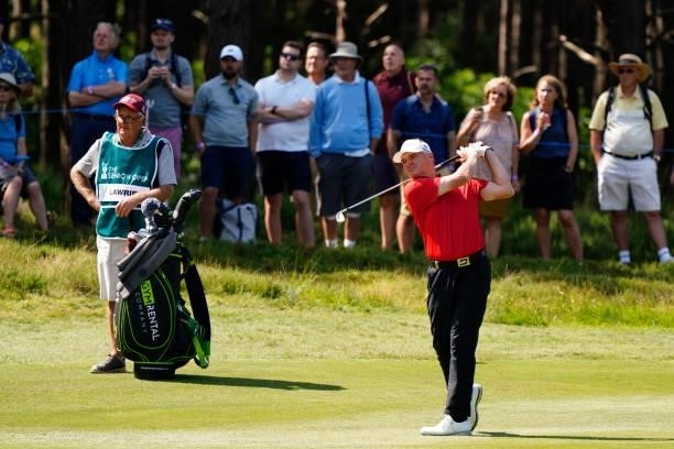 Paul Lawrie of Scotland in action during the second round of the Senior Open presented by Rolex at Sunningdale Golf Club on July 23, 2021 in...