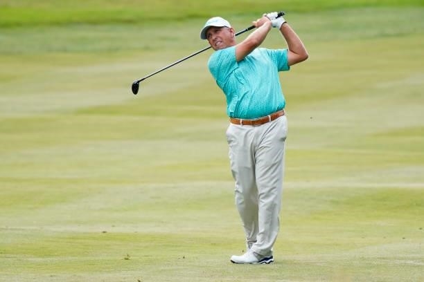 Woody Austin of United States in action during the second round of the Senior Open presented by Rolex at Sunningdale Golf Club on July 23, 2021 in...