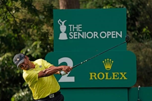 Michael Campbell of New Zealand in action during the second round of the Senior Open presented by Rolex at Sunningdale Golf Club on July 23, 2021 in...