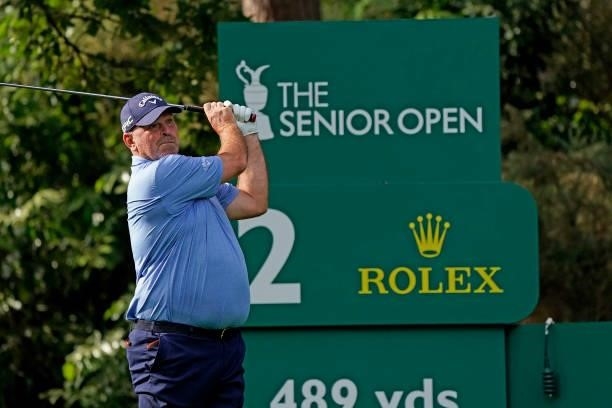 Thomas Bjorn of Denmark in action during the second round of the Senior Open presented by Rolex at Sunningdale Golf Club on July 23, 2021 in...